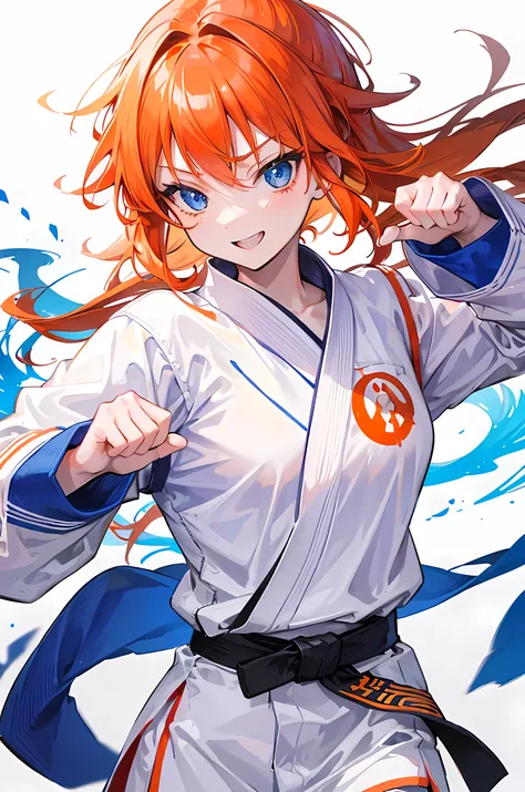 Orange hair, blue eyes, long hair, young girl, toothy smile, white karate uniform, Karategi, dojo karate background, karate style, punching, background 