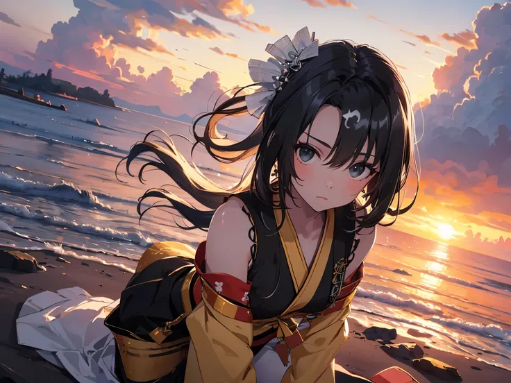 Solo, girl, (human ears, earrings), ((flat chest, short stature)), (black hair), (kneeling with arms behind head), (calm face, hair accessories), ( Red and white shrine maiden clothes), (Sunset Sky, Sunset, Sunset Sky), (Chest Focus, Dynamic Angle), (Hi-Re...