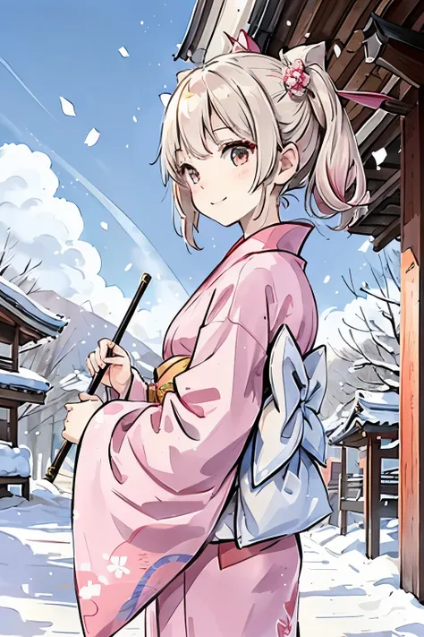  pink kimono ,,Petite girl with blonde twin tails,,White Snake,shrine,New Year,smile,snow,sunny,（blue sky）,