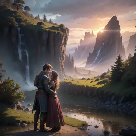 A fantasy landscape,a girl and a man hugging, lost and found,  best quality,4k,8k,highres,masterpiece:1.2),ultra-detailed,(realistic,photorealistic,photo-realistic:1.37),HDR,cinematic lighting,dramatic atmosphere,intricate details,vibrant colors,digital ar...