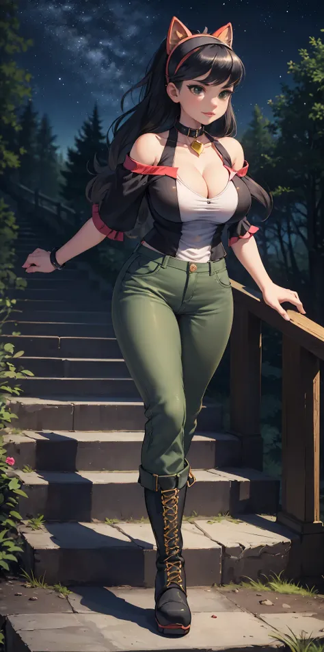 masterpiece, best quality, roxanne, dog ears, black hairband, collar, off-shoulder shirt, cleavage, green vest, green pants, large breasts, walking, stairs, forest, night sky, boots