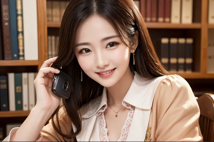  top quality　 Details　masterpiece　A super beautiful woman is smiling and picking up the phone and talking　clerk　Photo style　 real