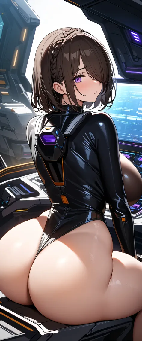 (masterpiece, Highest quality:1.2), (masterpiece, Highest quality:1.2), (1girl), alone, ((medium hair)), ((dark brown hair)), (straight hair), ((hair over face)), (hair over one eye), (hair over right eye), (advanced pure black pilot suit:1.2), bare legs, ...