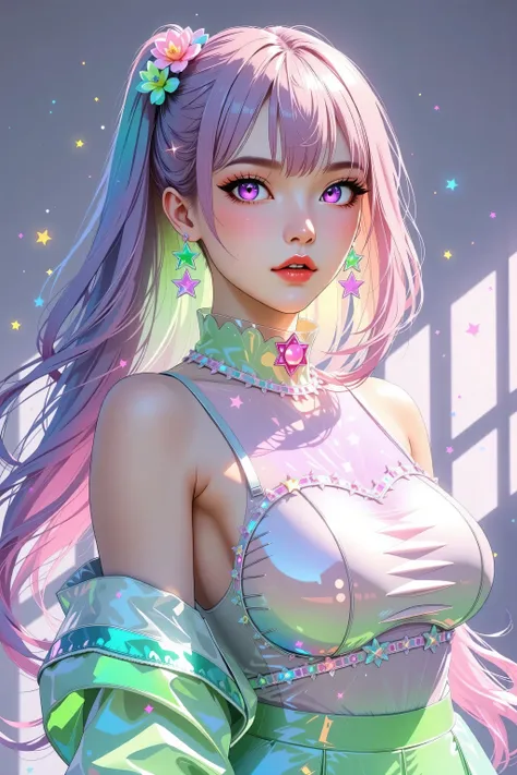 Japanese girl, (anime), manga, sexy, One Full Growth in Latex, sparkles, Pink Green Hair, posing, ((Glitter Dust)), dynamic shadows, masterpiece, bright colors, Shimmers, clear details, beautiful appearance, masterpiece, best quality, perfect anatomy, very...