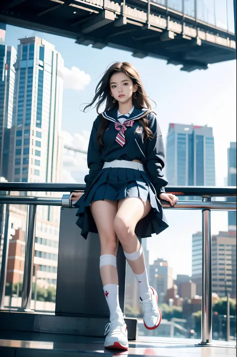 school uniform, bowtie, sailor collar, pleated skirt, 1girl, city skyline, blurred background, architectural, clouds, blue sky, depth of field, hoodie, looking up, shoes close to camera, from below, full body, lips, long sleeves, looking at viewer, motion ...