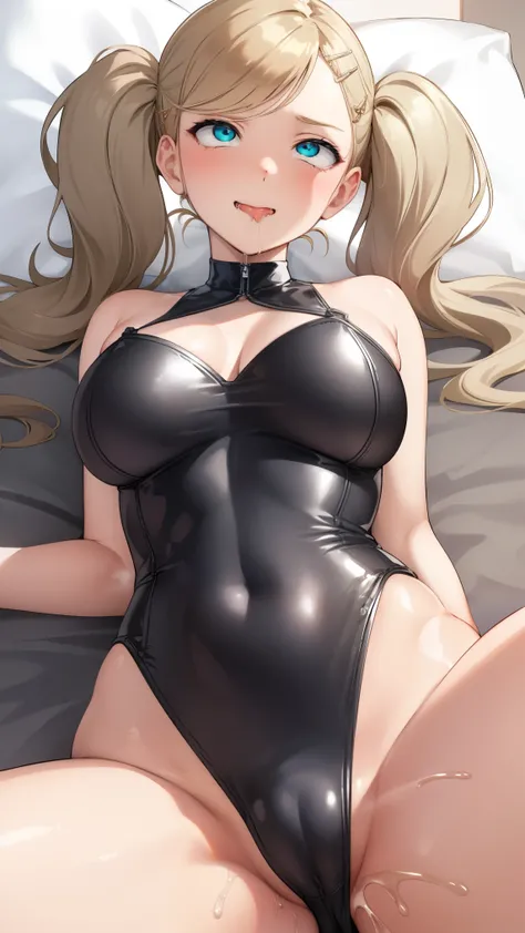 1girl, anne takamaki, blonde hair, blue eyes, hair ornament, hairclip, long hair, swept bangs, twintails, wavy hair,
BREAK ((Lewd）、High leg leotard、latex:1.2),
BREAK Lying on your back、Crotch Emphasis、Spread your legs、Nipple swelling、Crotch line、Love juice...