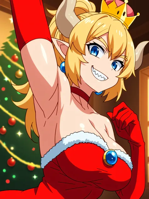 score_9, score_8_up, score_7_up, source_cartoon, source_anime, anime screencap, 1girl, solo, bowsette, blue eyes, blonde hair, ponytail, medium hair, sidelocks, pointy ears, horns, crown, smile, teeth, fangs, large breasts, Santa costume, strapless, collar...