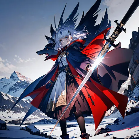 A female warrior wearing a long, ragged red hooded cloak, holding a large, ornate, wear wolf, red demonic-looking sword. She stands in a dark, snowy, mountainous landscape, with crags and icy winds swirling around her. her eyes glow with a supernatural int...