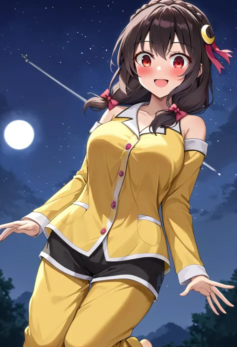 yunyun、masterpiece, top quality,  high definition ,(One person), Yunyun、  crown braid the same color as my hair,  black hair、 red eyes、 hair accessories , ( yellow pajamas with my shoulders out )、Pajamas with black shorts 、 big-breasted 、blush、( crescent)、...