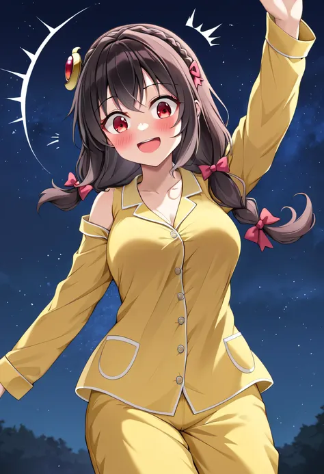 yunyun、masterpiece, top quality,  high definition ,(One person), Yunyun、  crown braid the same color as my hair,  black hair、 red eyes、 hair accessories , ( yellow pajamas with my shoulders out )、Pajamas with black shorts 、 big-breasted 、blush、( crescent)、...