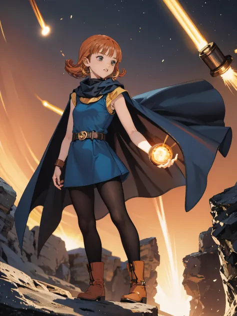  1 girl、 high definition 、 Masterpiece  、(Arena - DQ4、dq4-Arena、 orange straight hair)、  short、 thin thighs 、Thin legs、 small shoulders 、slender、Muscular、(bedroom)、( have 、 dress、Cape、belt、 black tights、 leather boots)、Night Grassland、Attacking with a kick...