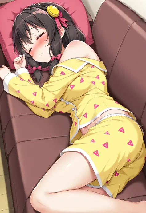 yunyun、masterpiece, top quality,  high definition ,(One person:1.2), Yunyun、  crown braid the same color as my hair,  black hair、 hair accessories , ( yellow pajamas with my shoulders out )、Pajamas with black shorts 、 big-breasted 、blush、(Im sleeping on th...