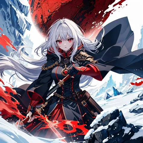 A female warrior wearing a long, ragged red hooded cloak, holding a large, ornate, wear wolf, red demonic-looking sword. She stands in a dark, snowy, mountainous landscape, with crags and icy winds swirling around her. her eyes glow with a supernatural int...