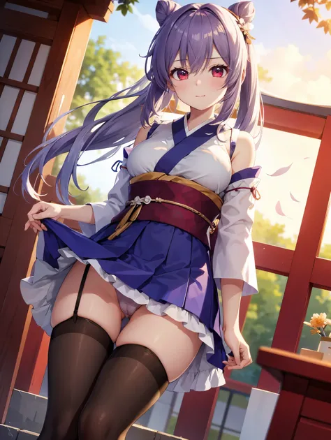 (( top quality)), ( high definition ), (( very detailed ))、(masterpiece)、A shrine maiden with disheveled, mature hair 、She is wearing a transparent kimono dress and cute transparent panties、(６０Im wearing denier tights)、( opens her crotch and flips her skir...