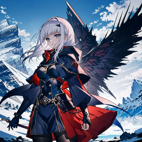 A female warrior wearing a long, ragged red hooded cloak, holding a large, ornate, wear wolf, red demonic-looking sword. She stands in a dark, snowy, mountainous landscape, with crags and icy winds swirling around her. her eyes glow with a supernatural int...