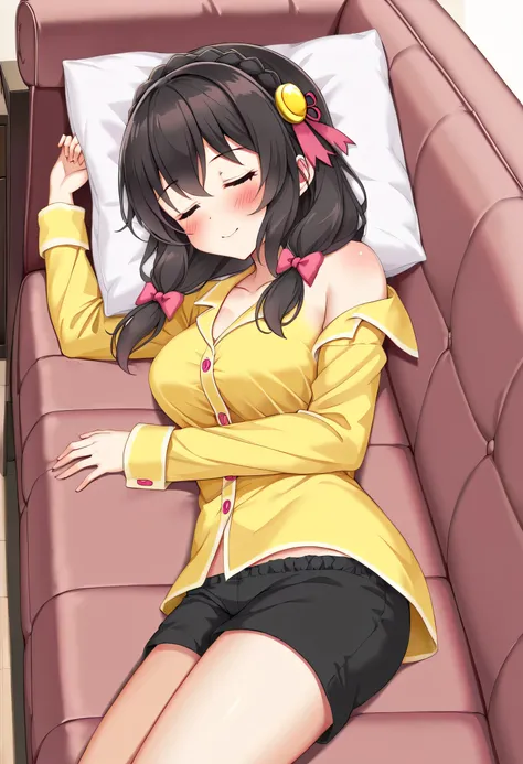 yunyun、masterpiece, top quality,  high definition ,(One person:1.2), Yunyun、  crown braid the same color as hair,  black hair、 hair accessories, ( yellow pajamas with my shoulders out )、Pajamas with black shorts 、 big-breasted 、blush、(Im sleeping on the so...