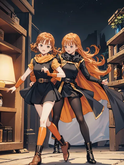  1 girl、 high definition 、 Masterpiece  、(Arena - DQ4、dq4-Arena、 orange straight hair)、  short、 thin thighs 、Thin legs、 small shoulders 、slender、Muscular、(bedroom)、( have 、 dress、Cape、belt、 black tights、 leather boots)、Night Forest、Attack with kick 、 actio...