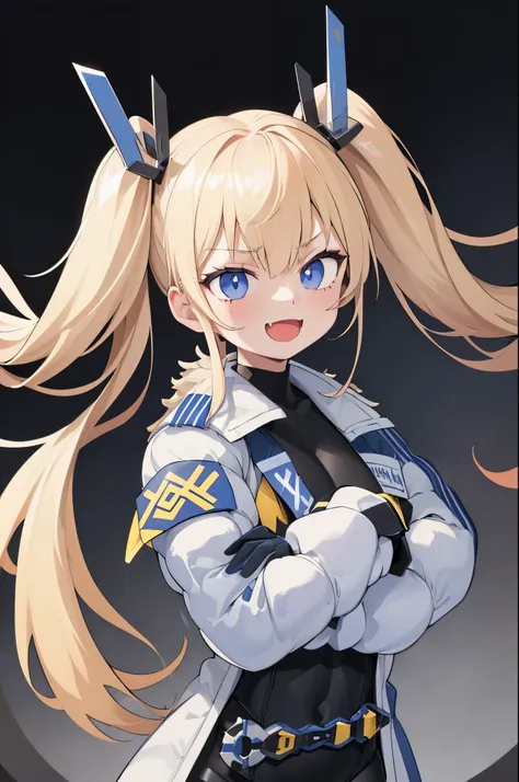 1petite_girl,masterpiece, highest quality,laplace,hair ornament, belt,white_front_open_coat_on_black_bodysuit,fur trim, gloves, blue boots,(upper body),open mouth,(crossed arms),(Standing in honor),big_Smile, smug_face, laugh,open_mouth,fang, bandage_on_ch...