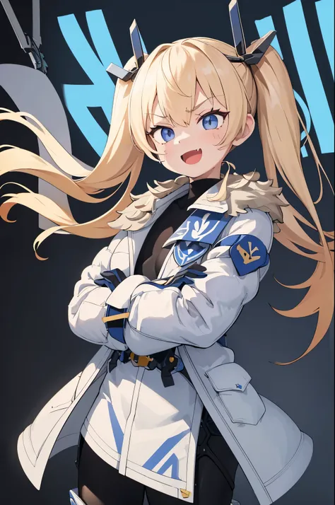 1petite_girl,masterpiece, highest quality,laplace,hair ornament, belt,white_front_open_coat_on_black_bodysuit,fur trim, gloves, blue boots,(upper body),open mouth,(crossed arms),(Standing in honor),big_Smile, smug_face, laugh,open_mouth,fang, bandage_on_ch...