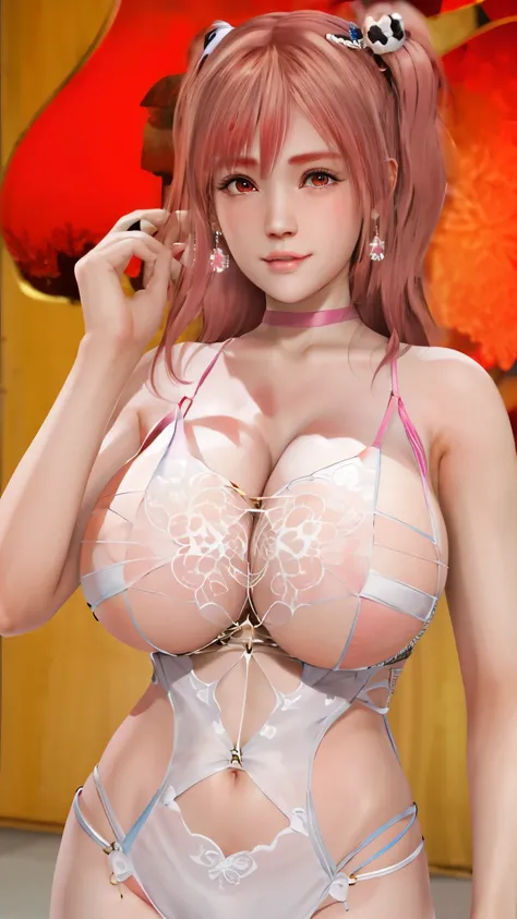 honoka,    student，Pink Hair，Huge breasts， huge breasts，Low-cut，Cleavage，Lovely，earrings，pink lips，Shy，White skin