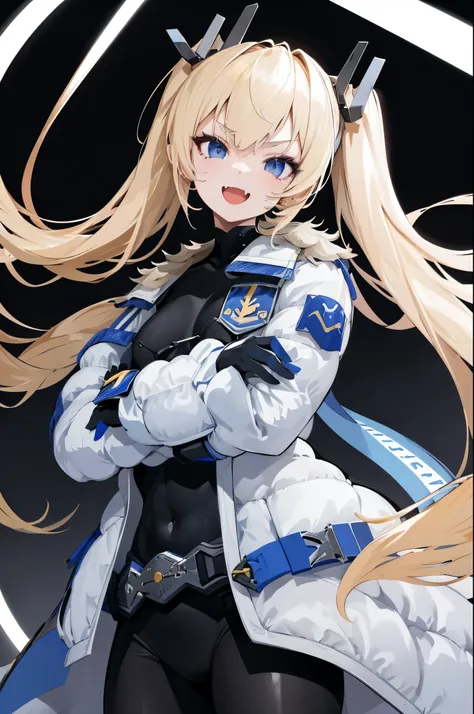 1petite_girl,masterpiece, highest quality,laplace,hair ornament, belt,white_front_open_coat_on_black_bodysuit,fur trim, gloves, blue boots,(upper body),open mouth,(crossed arms),(Standing in honor),big_Smile, smug_face, laugh,open_mouth,fang, bandage_on_ch...