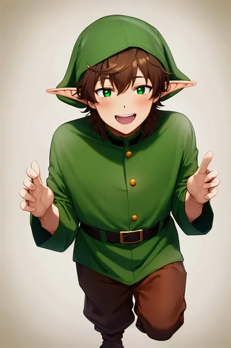 One men, adult, full body visible, brown short hairs, green christmas elf costume, happy face, say hello, no background