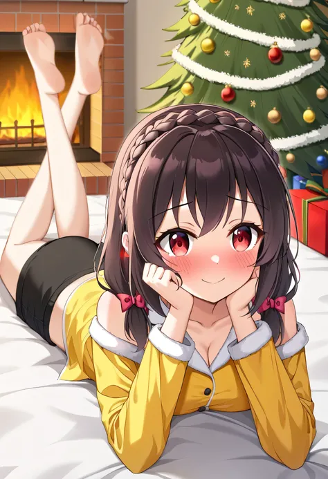 yunyun、masterpiece, top quality,  high definition ,(One person), Yunyun、  crown braid the same color as hair,  black hair、 red eyes、 hair accessories, ( yellow pajamas with my shoulders out )、Pajamas with black shorts 、 big-breasted 、(blush)、( Christmas tr...