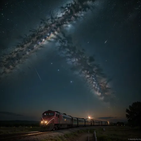 A train flying through the universe full of stars and planets