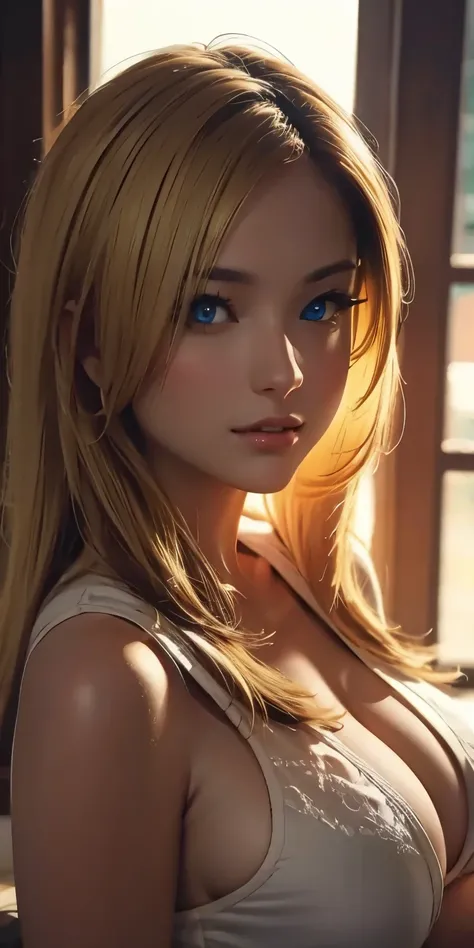  portrait, Practical,  blue eyes,  blonde hair ,  Big Breasts , 4K resolution,  High Quality CG, Beautiful CG, Soft light,