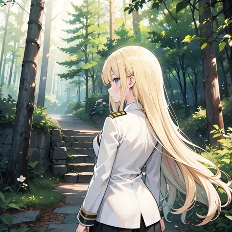  1 girl, Alone,  high definition ,  long hair、Blonde、 back view:1.5.uniform、very realistic forest background