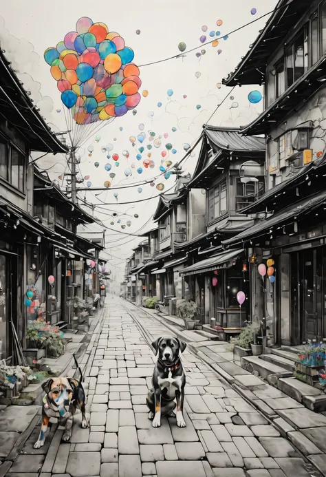 Cute Detailed Dog 、Colorful balloons、The mental world of a mentally ill person 、 full color, Pencil drawing,  Japanese painting,  A Fusion of Woodblock Prints and Oil Paintings ,  Fusion of Watercolor and Oil Paintings , Romantic Art , Iris Effect, Mix of ...