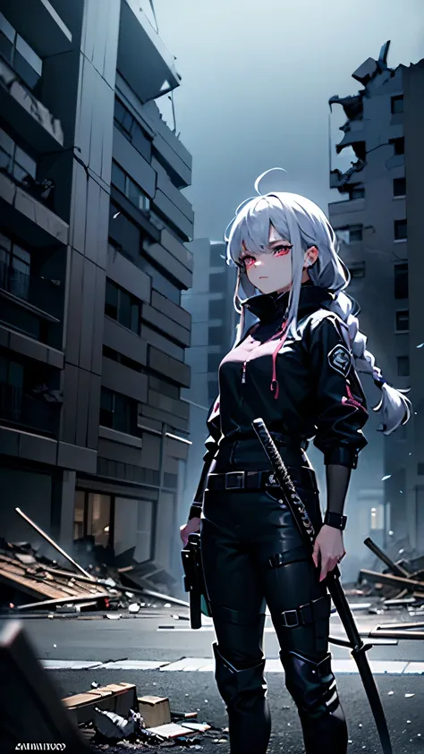 a female character, with ((white)) braided hair, and striking purple eyes, wearing a sleek armed, tight black and pink modern warrior outfit. carrying a black katana sword and two Glocks. a sharp and serious expression on her face, standing in the middle o...