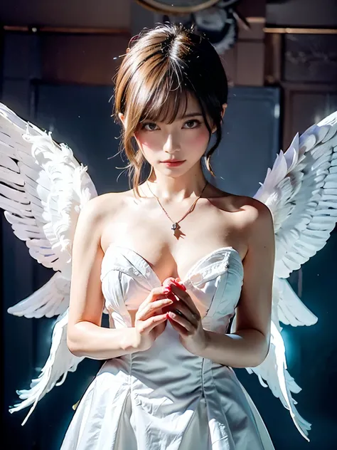  Masterpiece  , (  top quality:1.2), [:  complex details :0.2],   1 girl ,  Big Breasts , Angel, Angel wings,  White frills, (Daytime sky), Shining circle of light, Concentration ,   crackling energy ,    inexplicable symbols   , Glowing particles,