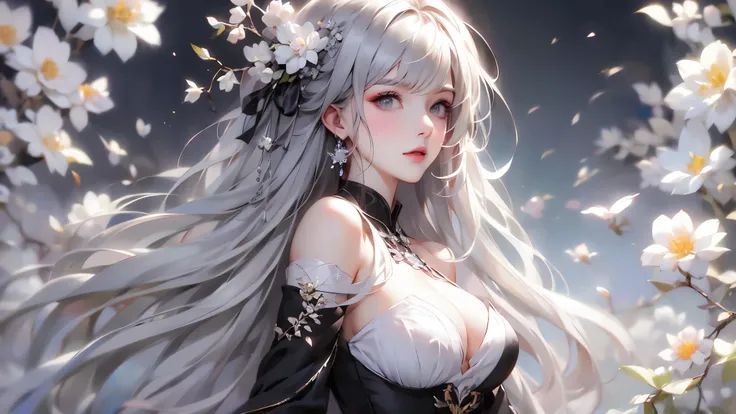 super high quality, masterpiece, Perfect illustration, Very detailed (Exquisite light and shadow, Very dramatic photo,Backlight) , ((Gray Hair:1.5))1 Girl,(( alone:1.6)), (Wearing Han clothes, Black and white Hanfu,Monotony,Long sleeve) Flower Field, Flowe...