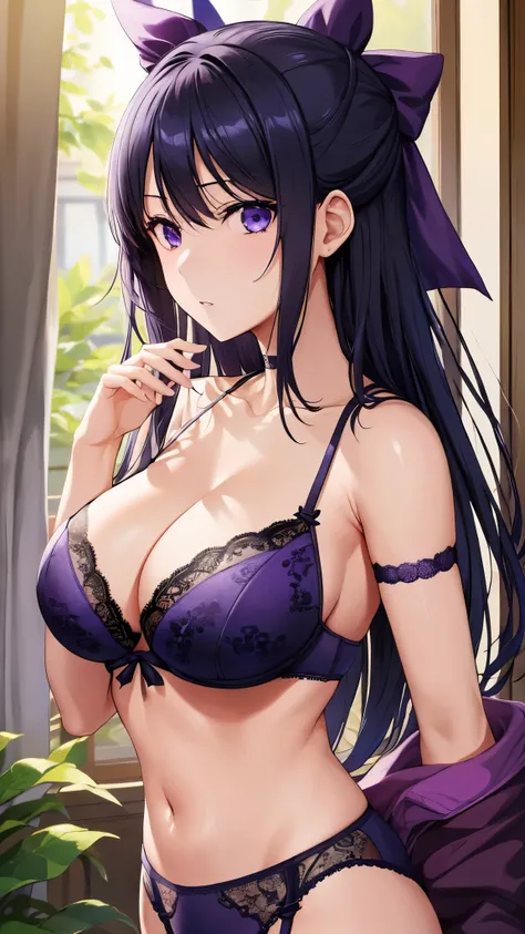 Akane Ryuzoji、 (  top quality) 、 (  top quality) 、( Masterpiece  )、(8k resolution),Beauty、(  looks like an adult )（  perfect style ）、(  with very big breasts )、 Dark blue long hair、  purple ribbon  、 Angry face、（ Get closer ）、(  black and purple lace garte...