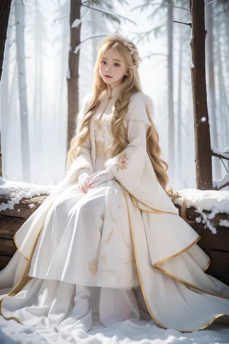   children, long blonde hair, beautiful colorful gorgeous white long winter medieval dress with layers and embroidery, flower accessories on head, white gloves, white fur collar, masterpiece, best quality, natural, gorgeous, winter forest, snowy weather, f...