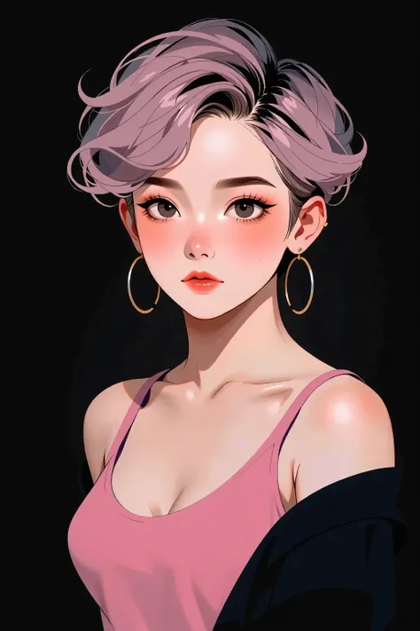 generates a real front image of a teenage Korean girl with short, spiky hair, some pink locks and metal style, big breasts, cleavage, tight pink tanktop, black background