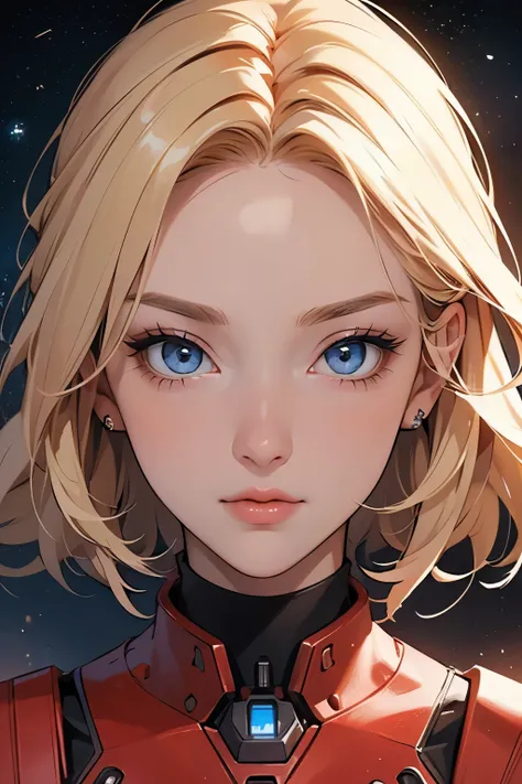 One beautiful woman。Twenty years old。 Blonde Blue Eyes 。Detailed drawing of the face。 shes staring at the camera with a defiant expression 。 shes wearing a red metallic combat suit 。 images of outer space and Mars floating there in the space behind her。