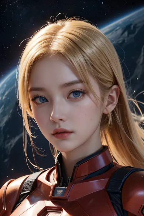 Image of her upper body up 。One beautiful woman。Twenty years old。 Blonde Blue Eyes 。Detailed drawing of the face。 shes staring at the camera with a defiant expression 。 shes wearing a red metallic combat suit 。 images of outer space and Mars floating there...