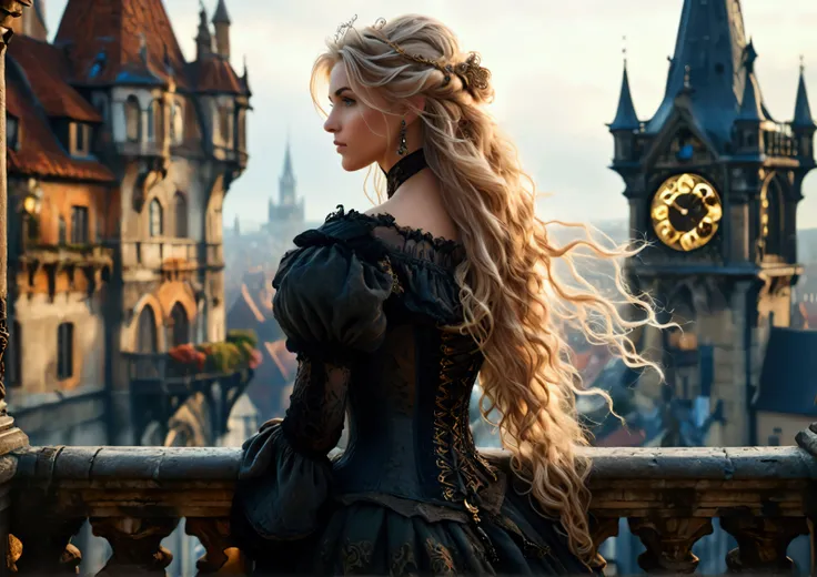 A woman (detailed figure:1.2) in a dark, ornate corset dress, standing on an ornate balcony, profile view, looking away from the viewer,  with long blonde hair, (flowing hair:1.1),  against a misty, antique cityscape backdrop featuring a large clock tower,...