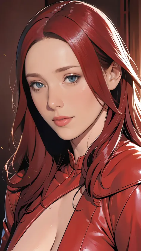 Portrait of Elizabeth Olsen, the scarlet witch with red hair,,Redhead, marvel cinematic universe, with a smile. Bright Makeup. realistic style , whole body, Focus on suits , Vivid colors , high detail, photorealistic rendering, Magical glow of hand li...
