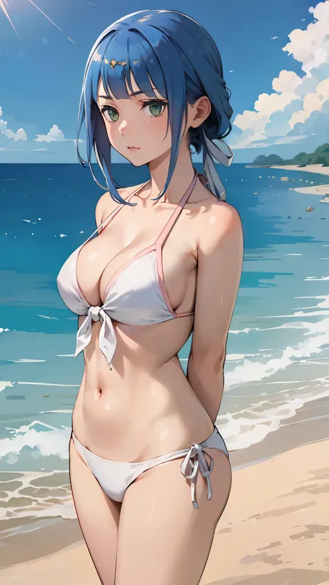 danArtemis, long hair, low ponytail, hair ribbon, 
BREAK ((bikini, cleavage, front-tie top, navel, short hair, swimsuit, white swimsuit, pink swimsuit:1.2)),
BREAK (front:1.3),(standing:1.3),looking at viewer,sea,sky,cloud,knees up,(mid_shot:1.4),((Arms Be...