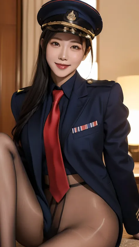 ultra-detailed,highly detailed,best quality,masterpiece,illustration, cf yemeigui, 1girl, solo, cosplay, military uniform, long legs, light smile, garrison cap, necktie, jacket,alternate costume, looking at viewer, portrait,pantyhose