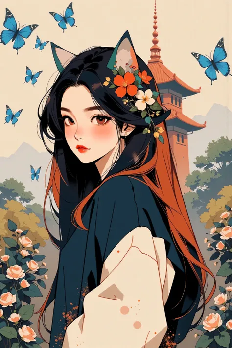 illustrated by Guo Chao style, poster design, in the style of psychedelic color schemes, hyper-detailed illustrations, 16k, a painting of a pagoda in the evening, in the style of graphic design-inspired illustrations, circular shapes detailed botanical ill...