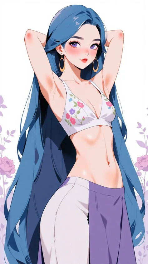 ganyu from genshin impact, cute overload, massive , thick thighs, thigh highs, purple eyes, blue hair, hand drawn, retro anime, floral bikini top, finely detailed, purple floral background, ulzzang, playful, looking at viewer, arms behind back, big breasts...