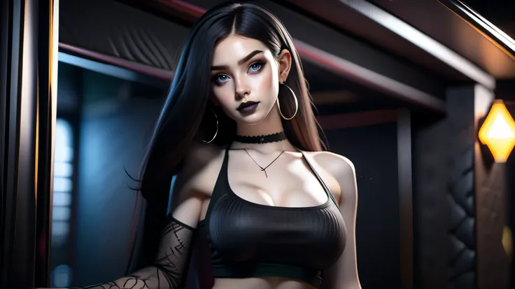 Best quality, 3d rendering work, 3DMM style, Close-up, Portrait,3D, 1girll, only, Black hair, earrings, looking at the camera, Realistic, Thin hips, Full body, thigh to head shot, ((sexy)), ((goth)), (panties), standing in front of a nightclub, city street...