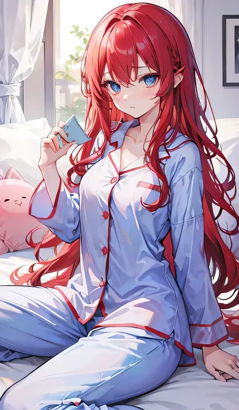 LiselotteCretia,            wavy hair      ,  eyes, (                     red hair          :1), sex, In pajamas, bedtime preparation, blue pajamas 