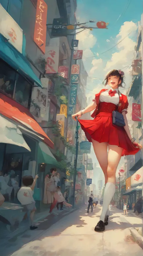   anime image of a man and a woman in a red dress, Digital art by Kamisaka Sekka, pixiv, Digital art, (sfw)  suitable for work , giantess art ,  high-quality fan art , on a city street,  realistic schoolgirl , on a city street, promo art, our species, in t...