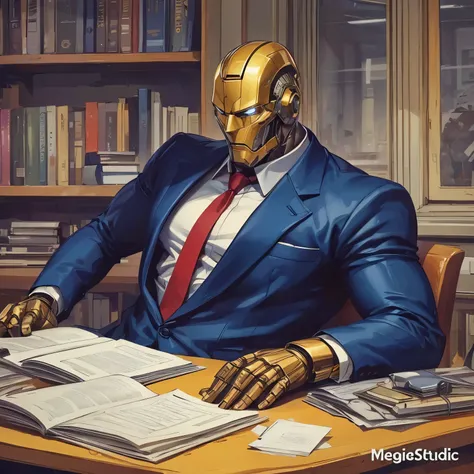 A muscular mature man with a robotic head is wearing business suit, suit jacket and shirt is opened to reveal chest parts, handsome, beautiful muscles, complex and elegant, male-centric, big ass, big pectoral muscles, shiny very oily body