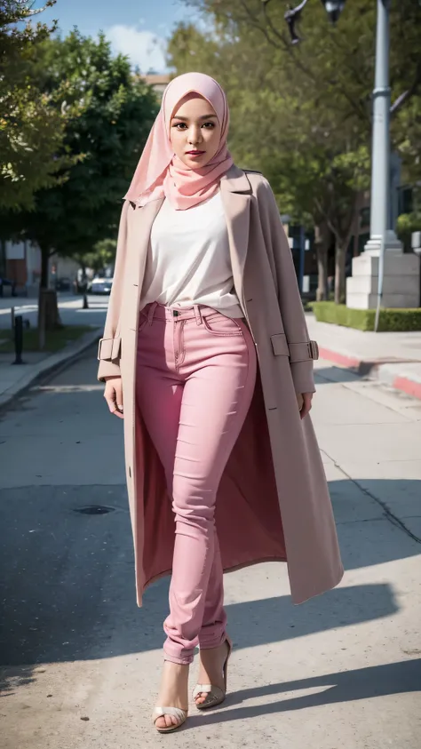 Raw high-quality and high-resolution photo of a woman with a hijab, beautiful face, lips, fleshy body, comfortable coat, and tight pink pants, wearing full body in the camera frame from a distance.From a round angle the full limb in the frameBlack coat ful...